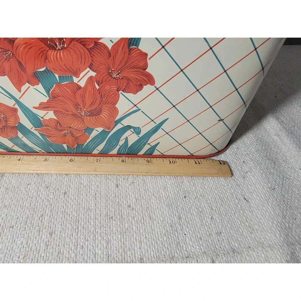 Vintage Tin Metal Breadbox Cream Red Floral Lattice Print Kitchen Storage Box